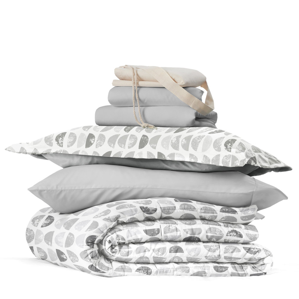 Campus Ready Dorm Bedding Bundle, Patterned Comforter Set, Solid Sheet Set, Pillows and Laundry Bag