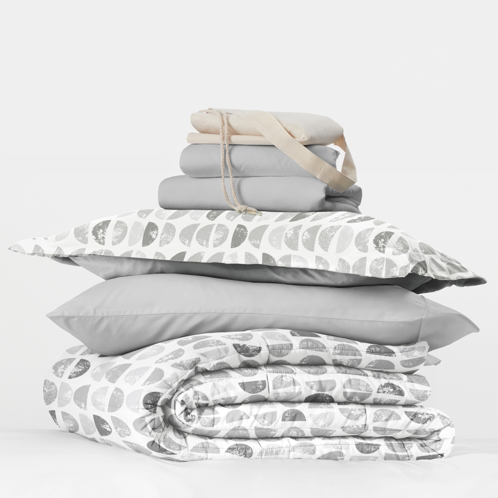 Campus Ready Dorm Bedding Bundle, Patterned Comforter Set, Solid Sheet Set, Pillows and Laundry Bag