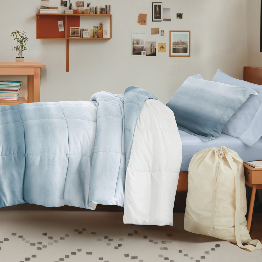 Campus Ready Dorm Bedding Bundle, Patterned Comforter Set, Solid Sheet Set, Pillows and Laundry Bag