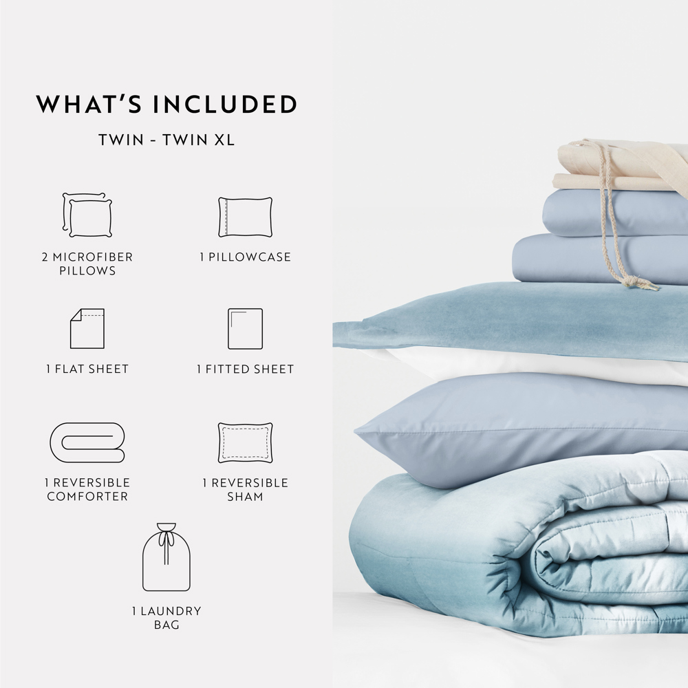 Campus Ready Dorm Bedding Bundle, Patterned Comforter Set, Solid Sheet Set, Pillows and Laundry Bag