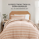 Twin XL Soft Stripe Rose Campus Ready Dorm Bedding Bundle, Patterned Comforter Set, Solid Sheet Set, Pillows and Laundry Bag