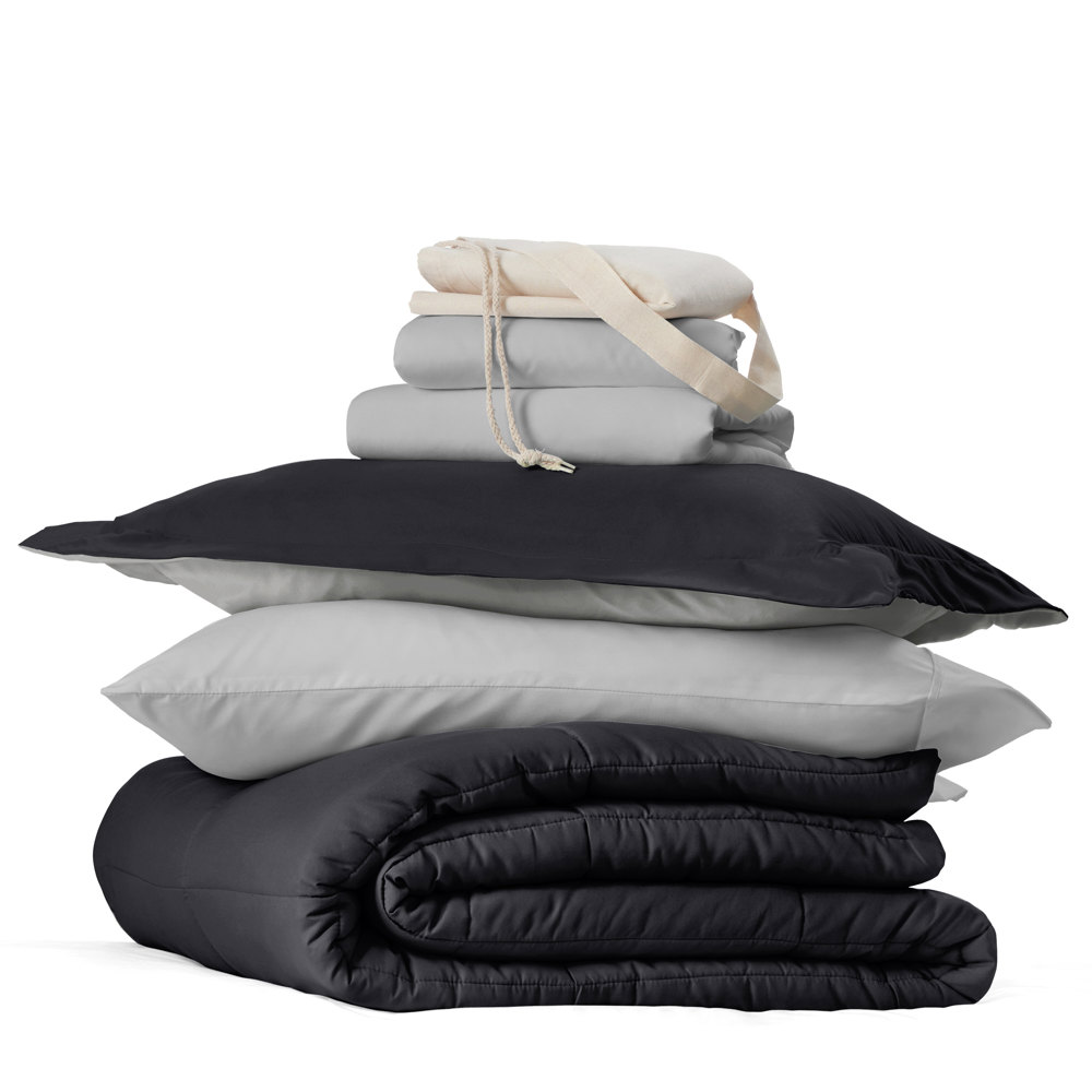 Ultimate College Essentials Bedding Bundle, Reversible Comforter Set, Solid Sheet Set, Pillows and Laundry Bag