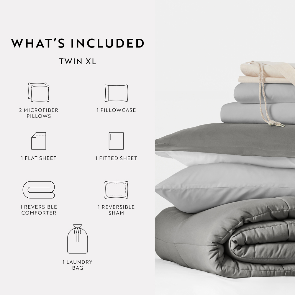 Ultimate College Essentials Bedding Bundle, Reversible Comforter Set, Solid Sheet Set, Pillows and Laundry Bag