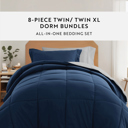 Twin XL Navy / Light Gray Ultimate College Essentials Bedding Bundle, Reversible Comforter Set, Solid Sheet Set, Pillows and Laundry Bag