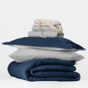 Twin XL Navy / Light Gray Ultimate College Essentials Bedding Bundle, Reversible Comforter Set, Solid Sheet Set, Pillows and Laundry Bag