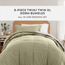 Twin XL Sage / Ivory Ultimate College Essentials Bedding Bundle, Reversible Comforter Set, Solid Sheet Set, Pillows and Laundry Bag