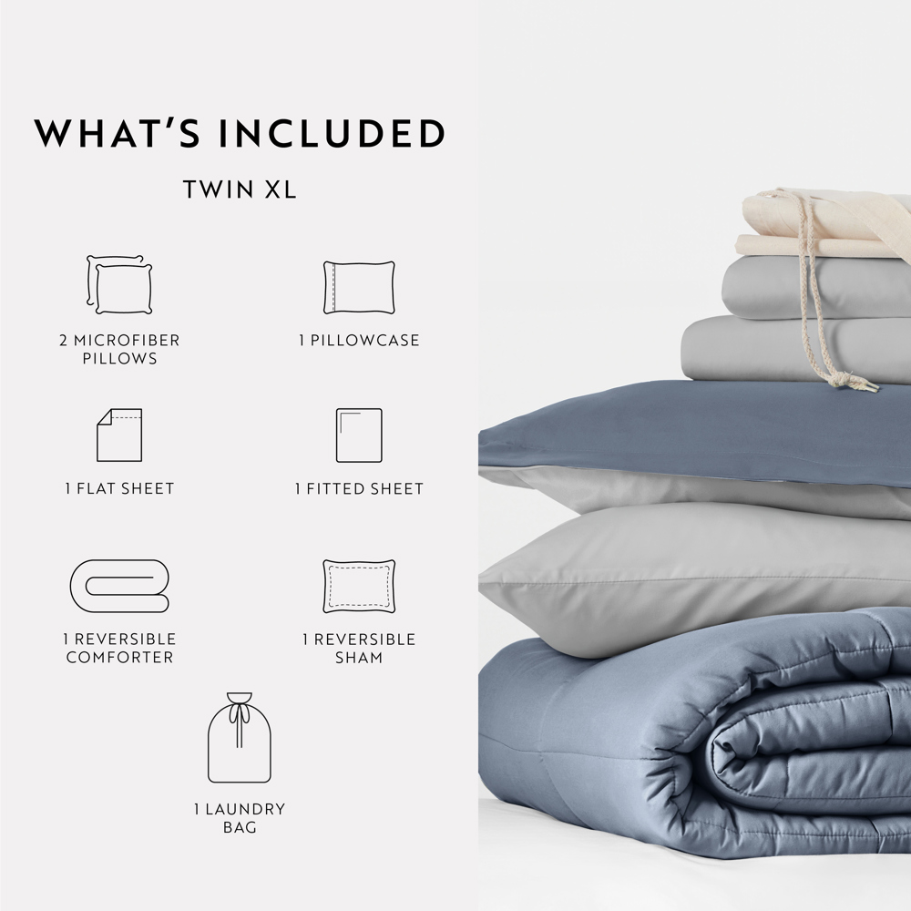 Ultimate College Essentials Bedding Bundle, Reversible Comforter Set, Solid Sheet Set, Pillows and Laundry Bag