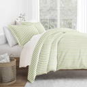 King Puffed Rugged Stripes Sage Patterned Soft Duvet Cover Bed Set - Striped Patterns