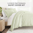 Queen Puffed Rugged Stripes Sage Patterned Soft Duvet Cover Bed Set - Striped Patterns