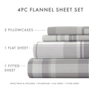 California King Plaid Light Gray 100% Cotton Flannel Sheet Set in Timeless Patterns