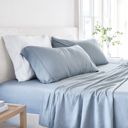 California King Light Blue Linen Bamboo-Blend Breathable Luxury Bed Sheet Set