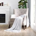 Light Gray Throw Blanket Herringbone with Fringed Edges