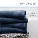 Navy 4-piece Hotel-Quality Bath, Hand and Wash Towel Sets - 100% Ring Spun Cotton, Ultra Plush, Absorbent