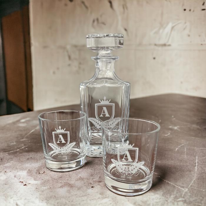 Custom Engraved Whiskey Decanter & Two Custom Engraved Whiskey Glasses