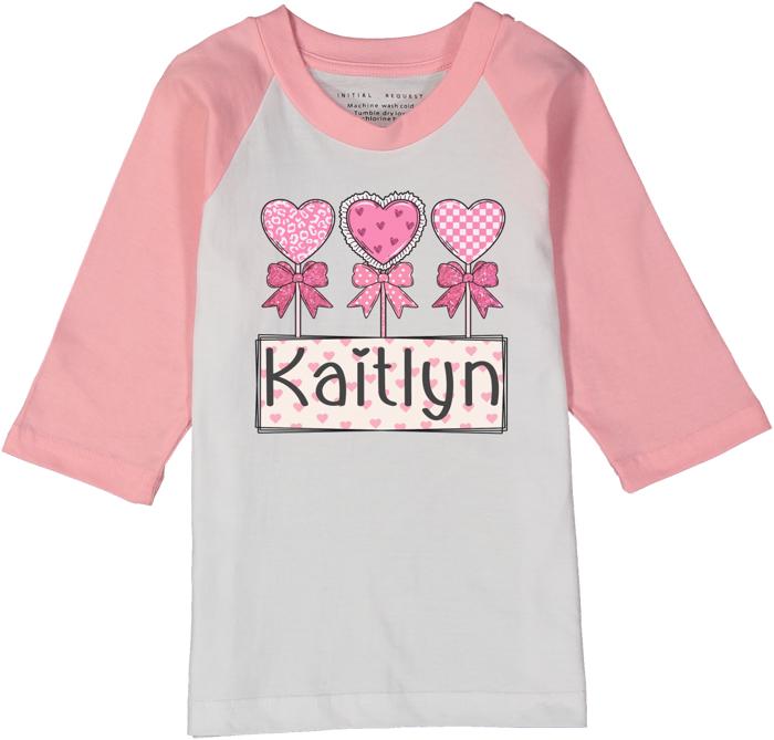 3 Heart Lollipops Pink Raglan Tee Toddler | Personalized Valentine's Day Tee | Valentine's Day Graphic Tee for Toddler Girls | Hearts Graphic