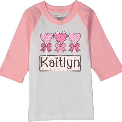 3 Heart Lollipops Pink Raglan Tee Toddler | Personalized Valentine's Day Tee | Valentine's Day Graphic Tee for Toddler Girls | Hearts Graphic
