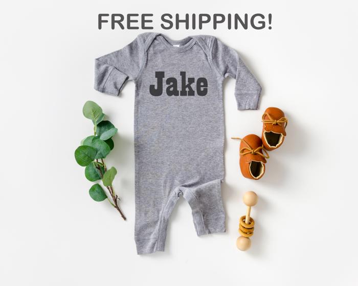 Personalized Baby First Name Romper | Gray Romper for Baby | Gender Neutral Baby Shower | Blocky First Name
