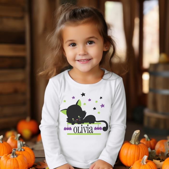 Personalized Halloween Graphic Tee for Toddlers | Black Cat Stars | Halloween Toddler Tee