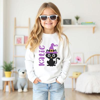 Personalized Halloween Graphic Tee for Kids | Black Cat Purple Witch Hat | Halloween Tee for Kids