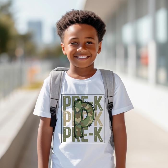 BACK TO SCHOOL | PreK Kindergarten First Grade| Camo Graphic | Boys SHort Sleeve Tee