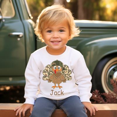 Personalized Thanksgiving Graphic Tshirt for Boys | Camo Standing Turkey | Boys Long Sleeve Thanksgiving Tee