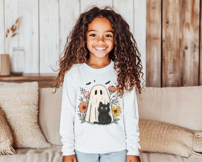 Halloween Graphic Tee | Fall Graphic tee | Cat and Ghost Halloween Long Sleeve Tee for Girls 