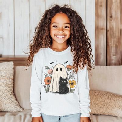 Halloween Graphic Tee | Fall Graphic tee | Cat and Ghost Halloween Long Sleeve Tee for Girls 