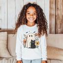  Halloween Graphic Tee | Fall Graphic tee | Cat and Ghost Halloween Long Sleeve Tee for Girls 
