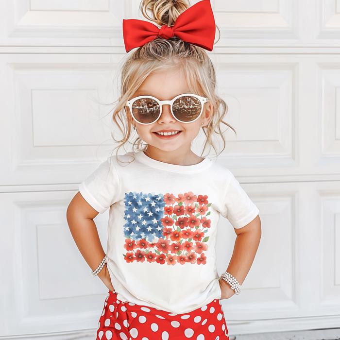 Floral American Flag Short Sleeve Tee for Girls | Multiple sizes available