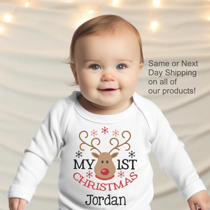 Personalized My First Christmas Reindeer Long Sleeve Bodysuit for Baby | Holiday Graphic Baby | Christmas Baby Graphic | Long Sleeve Bodysuit