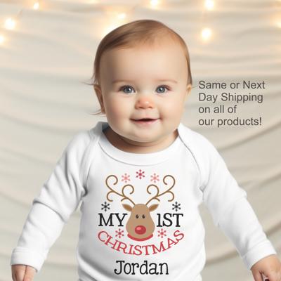 Personalized My First Christmas Reindeer Long Sleeve Bodysuit for Baby | Holiday Graphic Baby | Christmas Baby Graphic | Long Sleeve Bodysuit