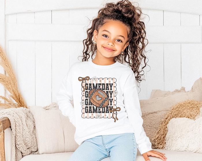 Fall Graphic Girls Tee | Preppy Game Day Football Ribbons | Long Sleeve Tee for Girls