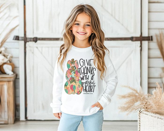Thanksgiving Graphic Tee | Give Thanks with a Grateful Heart | Long Sleeve Tee for Girls | Christian Faith Based Girls Tee