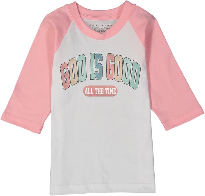 Christian Graphic tee for Toddlers | God is Good | Pink Raglan Tee for Toddler Girls | Faith Based Clothing