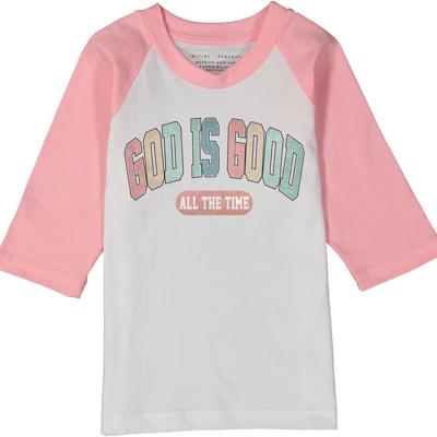 Christian Graphic Tee | God is Good | Faith Based Tshirts for Girls | Pink Raglan Tee