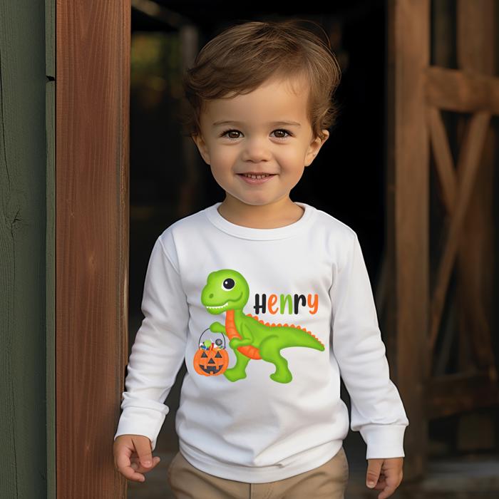 Personalized Halloween Graphic for Kids | Trick or Treat Dinosaur | Halloween Tee for Boys