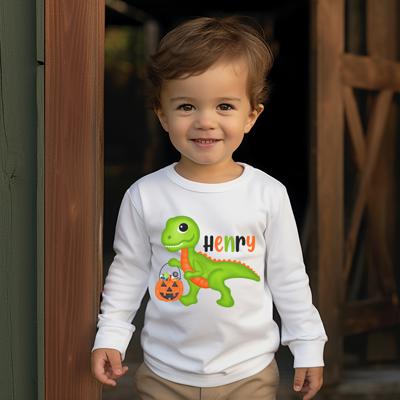 Personalized Halloween Graphic for Kids | Trick or Treat Dinosaur | Halloween Tee for Boys