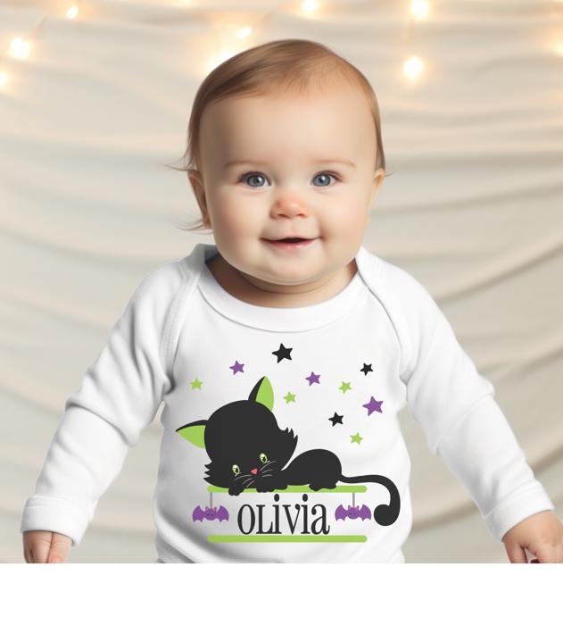 Personalized Halloween Graphic Bodysuit | Black Cat Stars Long sleeve Bodysuit for Infants Toddlers