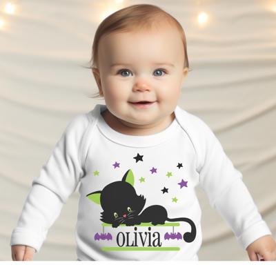 Personalized Halloween Graphic Bodysuit | Black Cat Stars Long sleeve Bodysuit for Infants Toddlers