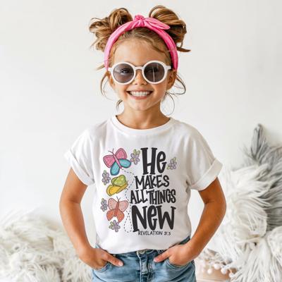 Christian Graphic Tee| He Makes All Things New Revelation 21:5 | Girls Short Sleeve Graphic Tee