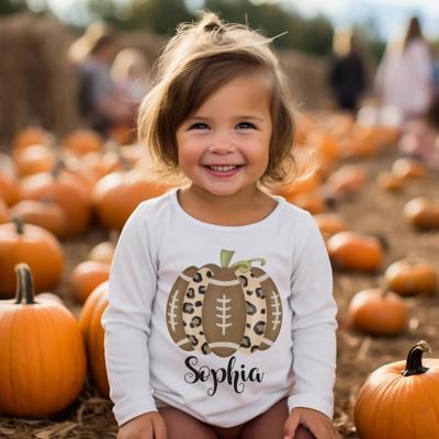 Fall Graphic Tee for Toddler Girls | Personalized Leopard Pumpkin Football | Long sleeve tee for Toddler Girls 