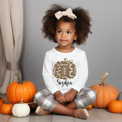 Fall Graphic Tee for Girls | Personalized Leopard Pumpkin Football | Long Sleeve Tee for Girls