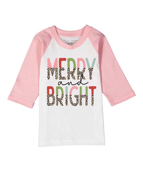 Christmas Graphic Tee | Merry & Bright Pink Raglan Tee | Girls Holiday Shirt