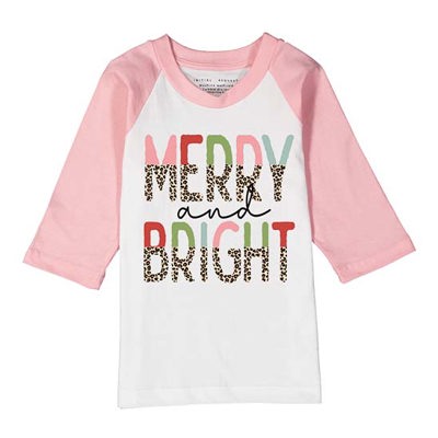 Christmas Graphic Tee | Merry & Bright Pink Raglan Tee | Girls Holiday Shirt