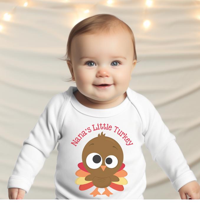 Thanksgiving Graphic Bodysuit for Baby | Personalized Nana's Little Turkey | Long Sleeve Bodysuit for Baby  | Thanksgiving Baby