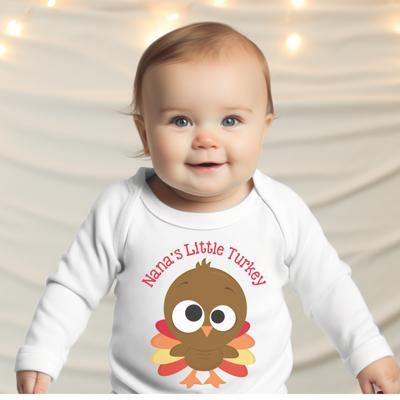 Thanksgiving Graphic Bodysuit for Baby | Personalized Nana's Little Turkey | Long Sleeve Bodysuit for Baby  | Thanksgiving Baby