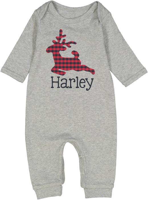 Christmas Graphic Romper for Baby | Personalized Red Black Reindeer  | Holiday Graphic Gray Romper for Baby