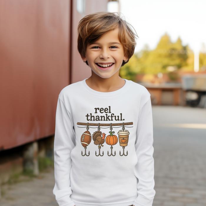 Thanksgiving Graphic Tee for Boys | Reel Thankful | Long Sleeve Cotton Tee for Boys | Fishing Graphic Tee