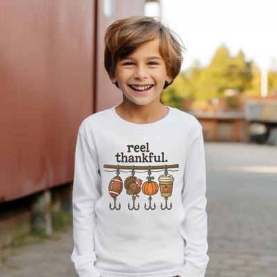 Thanksgiving Graphic Tee for Boys | Reel Thankful | Long Sleeve Cotton Tee for Boys | Fishing Graphic Tee