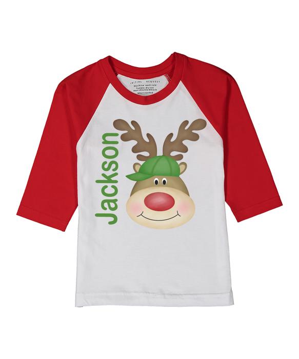 Christmas Graphic Tee | Rudolph Graphic | Red Raglan Holiday Tee | Personalized Christmas Tee for Kids 